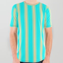 [ Thumbnail: Aqua and Pale Goldenrod Colored Lined Pattern All Over Graphic Tee ]