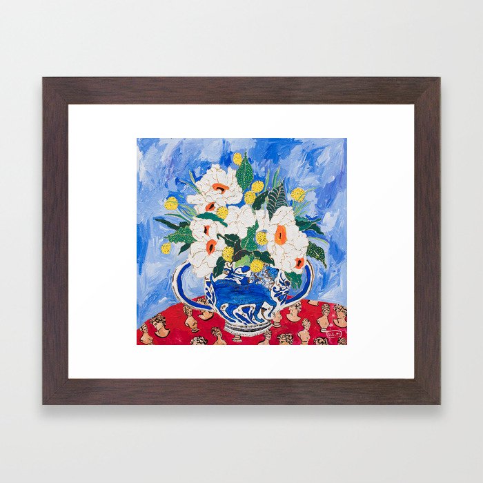 Queen of California - Giant Matilija Poppy Bouquet in Lion Vase on Blue Framed Art Print