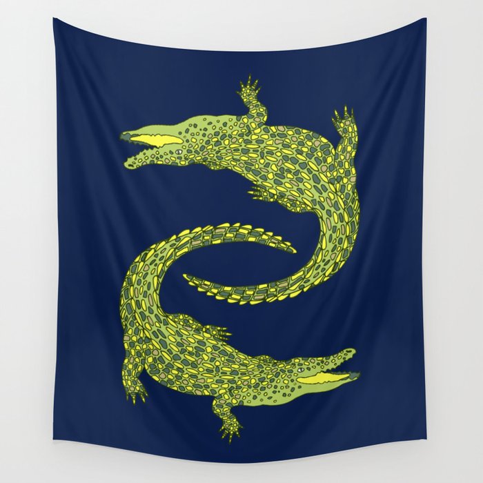 Crocodiles (Deep Navy and Green Palette) Wall Tapestry