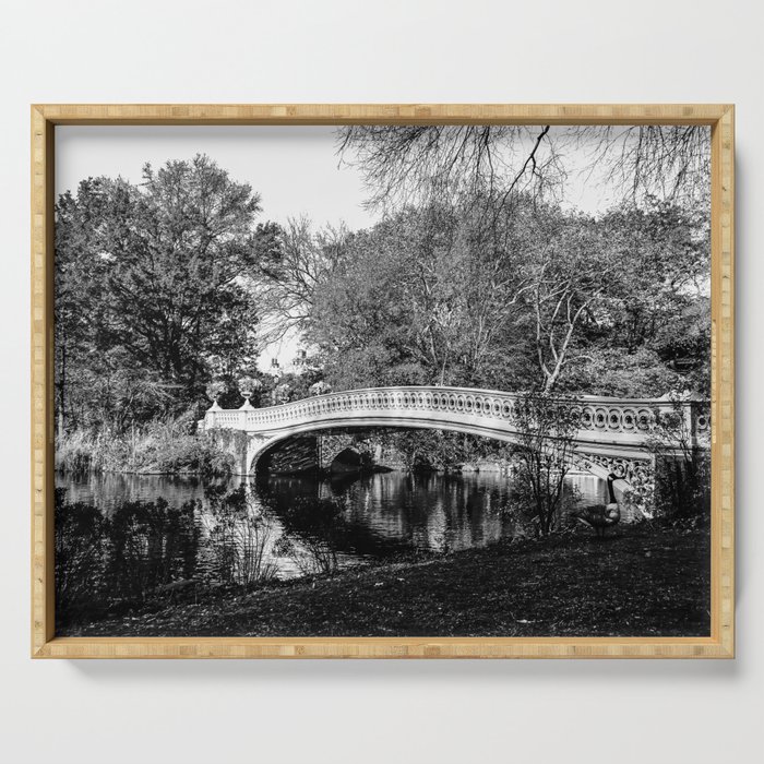 Autumn Fall in Central Park Bow Bridge in New York City black and white Serving Tray