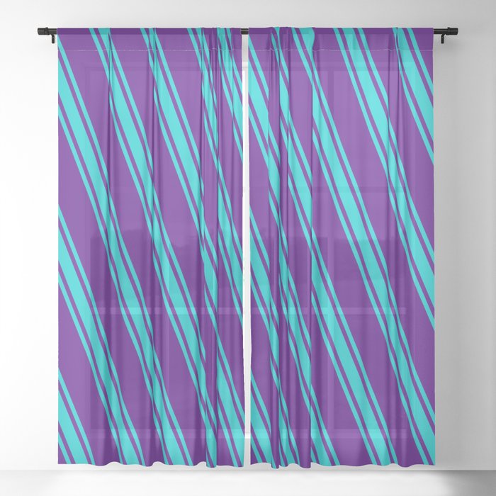 Indigo and Dark Turquoise Colored Striped/Lined Pattern Sheer Curtain