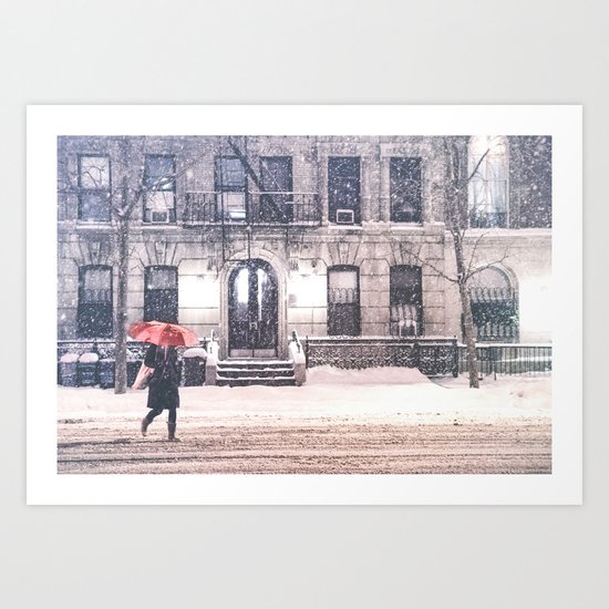 New York City Snow and Red Umbrella Art Print