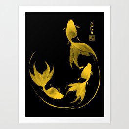 Follow the Leader - Goldfish Sumi-e Gold Version Art Print