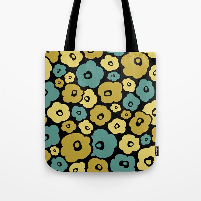 Colorful Retro Flower Pattern 190 Blue Gold Yellow and Black Tote Bag