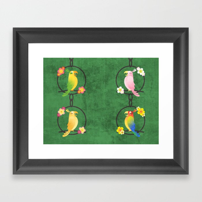 Tiki Birds - Green Pattern Framed Art Print