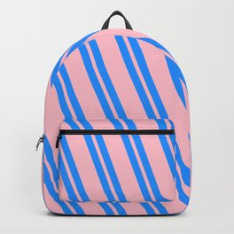 [ Thumbnail: Blue and Pink Colored Striped Pattern Backpack ]