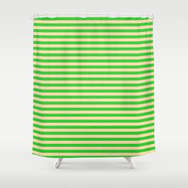 [ Thumbnail: Tan and Lime Green Colored Stripes Pattern Shower Curtain ]