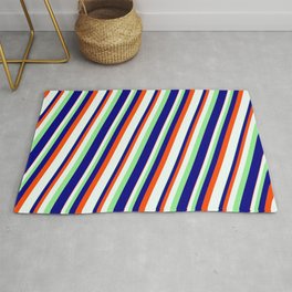 [ Thumbnail: Light Green, Blue, Red & Mint Cream Colored Stripes Pattern Rug ]