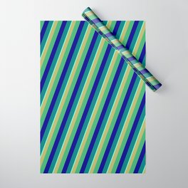 [ Thumbnail: Vibrant Dark Khaki, Sea Green, Dark Blue, Teal & Aquamarine Colored Striped Pattern Wrapping Paper ]