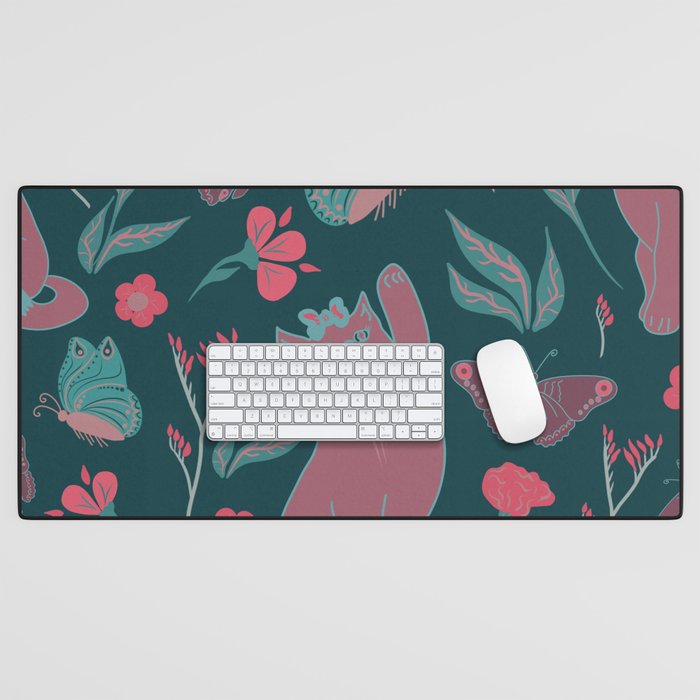 Cat's play - green and coral Desk Mat