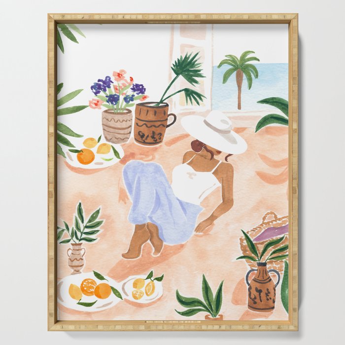 Woman Sitting by the Window Art Print - Sabina Fenn Illustration - Feminine Gouache Tropical Portrai Serving Tray