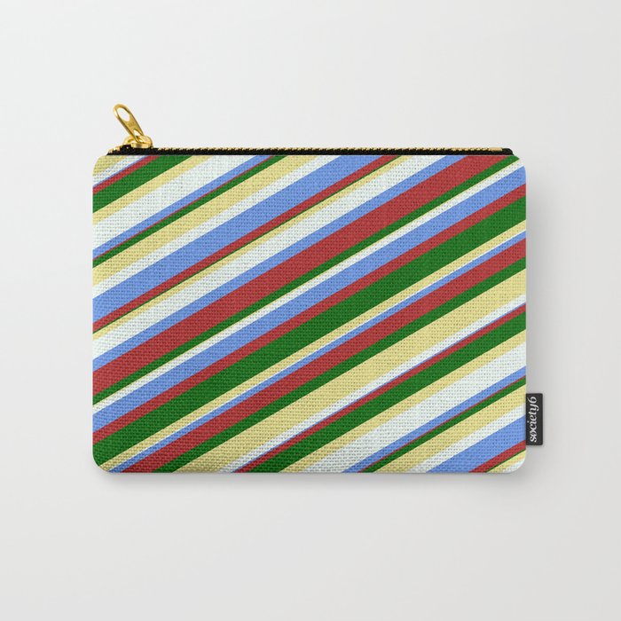 Colorful Tan, Mint Cream, Cornflower Blue, Red, and Dark Green Colored Stripes Pattern Carry-All Pouch