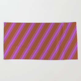 [ Thumbnail: Sienna and Orchid Colored Pattern of Stripes Beach Towel ]