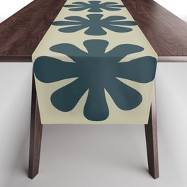 Scandi Floral Grid Retro Pattern in Vintage Blue and Beige Table Runner