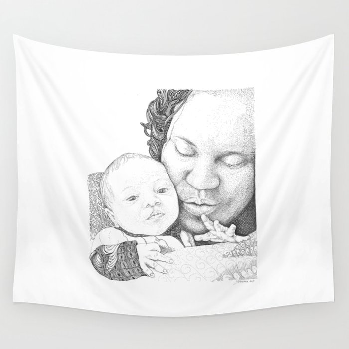 Mother and Child Ink Drawing Wall Tapestry