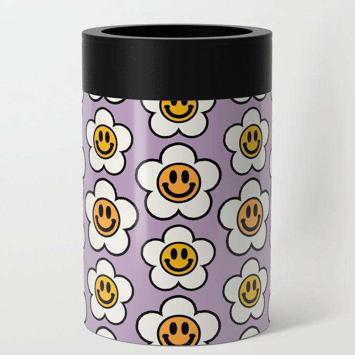 Bold And Funky Flower Smileys Pattern (Muted Lavender BG) Can Cooler