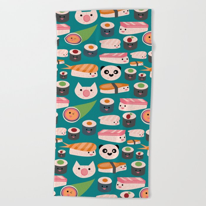 Kawaii sushi teal Beach Towel