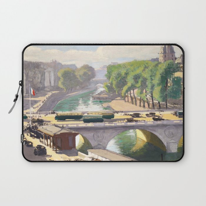 River Seine, Paris, France, Pont Saint Michel impressionist oil, riverscape painting by Jules Leon Flandrin Laptop Sleeve