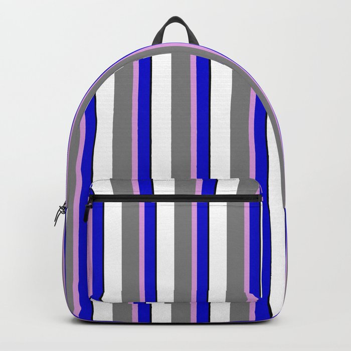 Eyecatching Blue, Plum, Grey, White, and Black Colored Lines Pattern Backpack