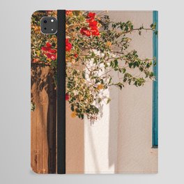 Greek Still Live- Blue Shutter Door with Red Flowers - Mediterranean Summer Vibe - Travel Photography iPad Folio Case