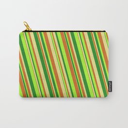 [ Thumbnail: Forest Green, Tan, Chocolate, and Light Green Colored Lined/Striped Pattern Carry-All Pouch ]