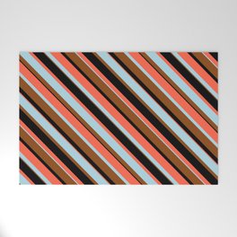 [ Thumbnail: Red, Light Blue, Brown, and Black Colored Lines/Stripes Pattern Welcome Mat ]
