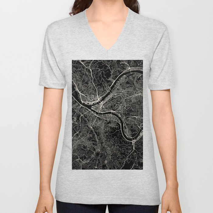 Pittsburgh, USA - Black and White City Map V Neck T Shirt
