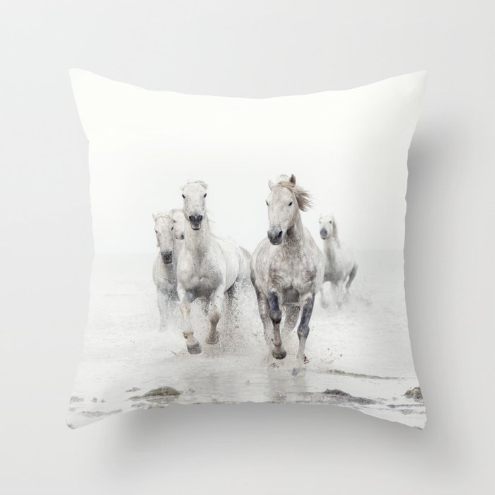 Camargue White Horses Running in Water - Nature Photography Throw Pillow