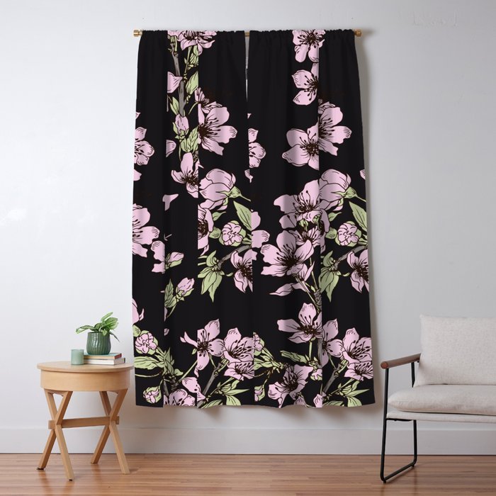 Pink Cherry Blossom On Black Blackout Curtain By Jeannadano Society6