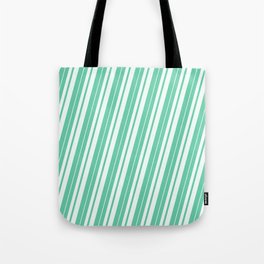 [ Thumbnail: Aquamarine and Mint Cream Colored Stripes Pattern Tote Bag ]