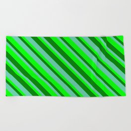 [ Thumbnail: Green, Aquamarine & Lime Colored Striped Pattern Beach Towel ]