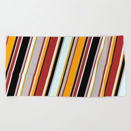 [ Thumbnail: Eyecatching Red, Light Cyan, Orange, Black, and Grey Colored Lines/Stripes Pattern Beach Towel ]