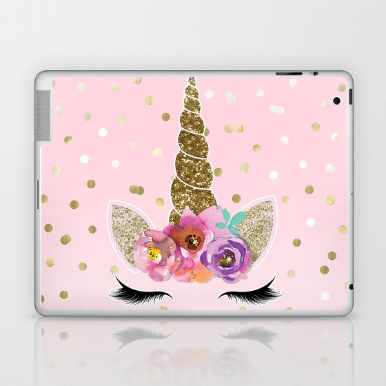 Floral Trendy Modern Unicorn Horn Gold Confetti Laptop Ipad Skin