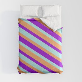 [ Thumbnail: Brown, Dark Violet, and Turquoise Colored Stripes/Lines Pattern Comforter ]