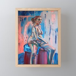 Woman Sitting in Blue and Pink Framed Mini Art Print
