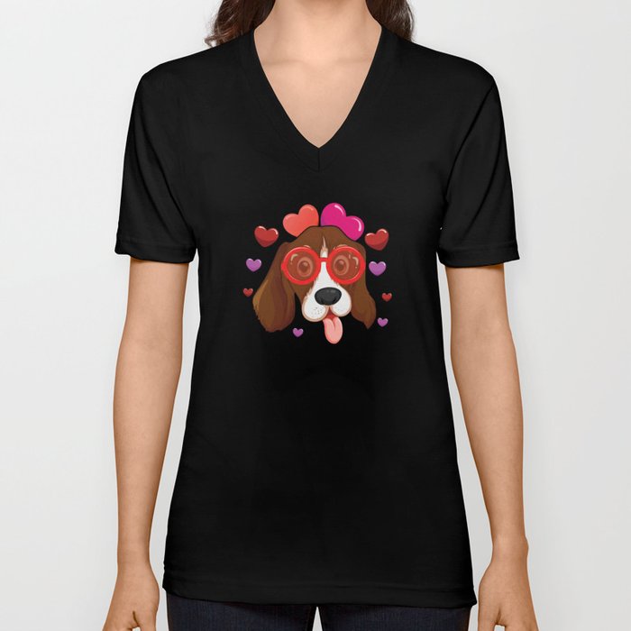 Dog Animal Hearts Pet Beagle Head Valentines Day V Neck T Shirt