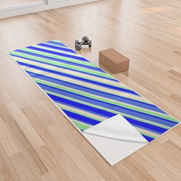 [ Thumbnail: Light Green, Blue, Royal Blue & Beige Colored Striped/Lined Pattern Yoga Towel ]