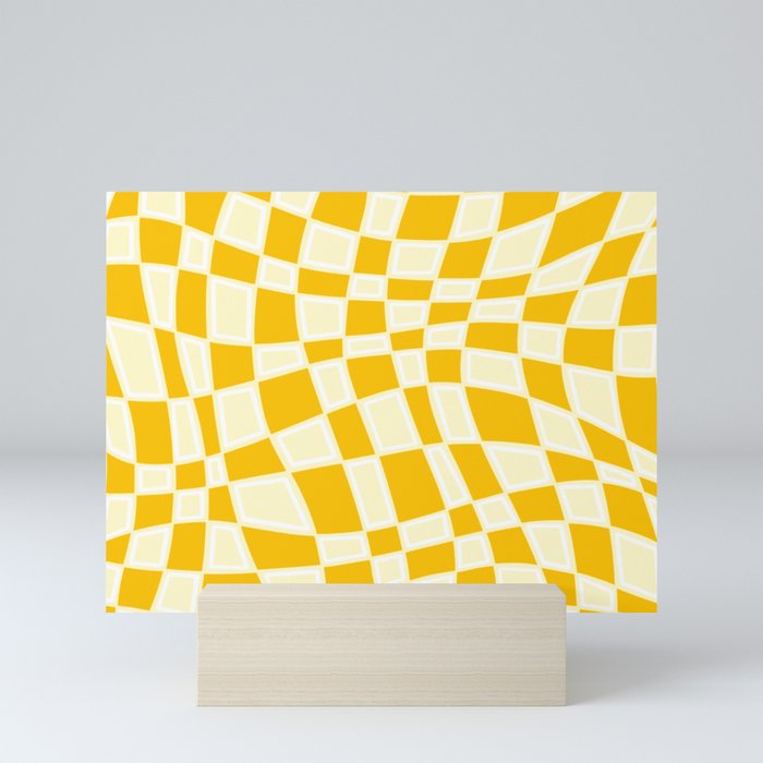 Abstract Retro Swirl Curvy Checkerboard Square Pattern Design // Yellow Mustard Colors Mini Art Print