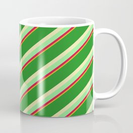 [ Thumbnail: Forest Green, Pale Goldenrod, Light Green, Crimson, and Goldenrod Colored Pattern of Stripes Coffee Mug ]