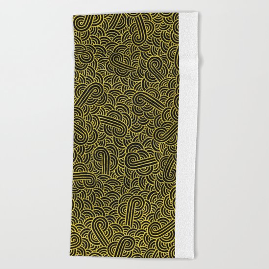 Black and faux gold swirls doodles Beach Towel