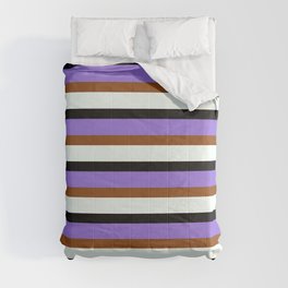 [ Thumbnail: Purple, Brown, Mint Cream, and Black Colored Stripes/Lines Pattern Comforter ]