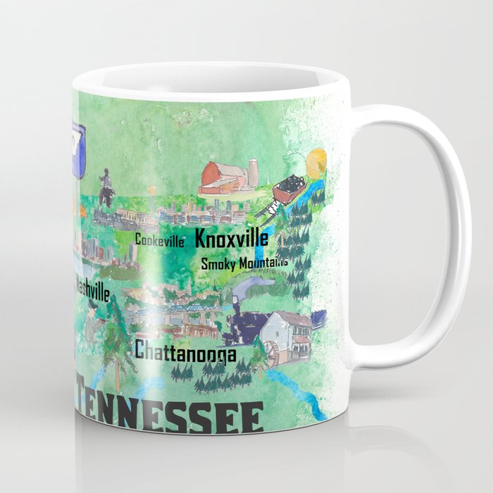 USA Tennessee State Travel Poster Map with Tourist Highlights Coffee Mug