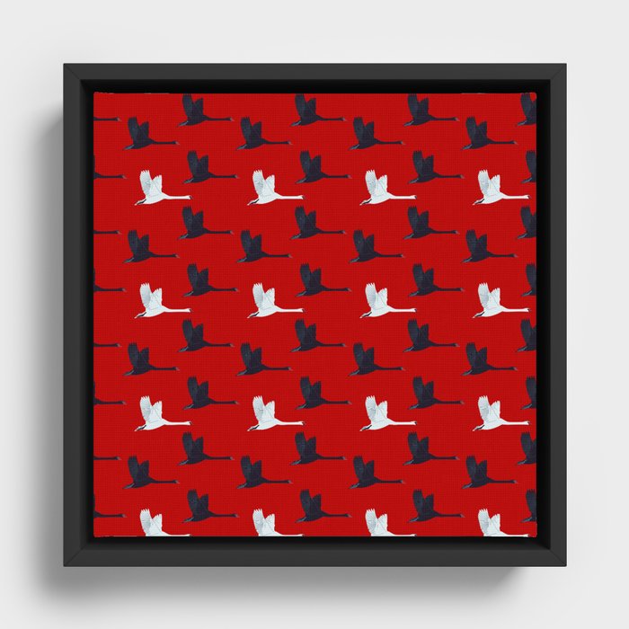Flying Elegant Swan Pattern on Red Background Framed Canvas