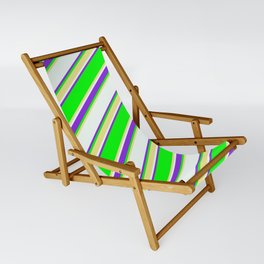 [ Thumbnail: Lime, Tan, Mint Cream & Purple Colored Lined Pattern Sling Chair ]
