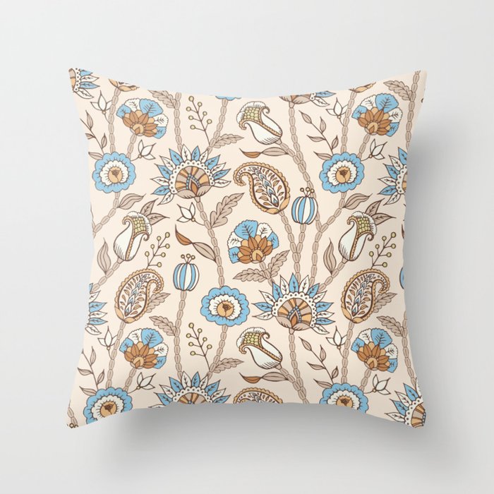 Oriental Jungle Flowers (Blue & Beige)  Throw Pillow