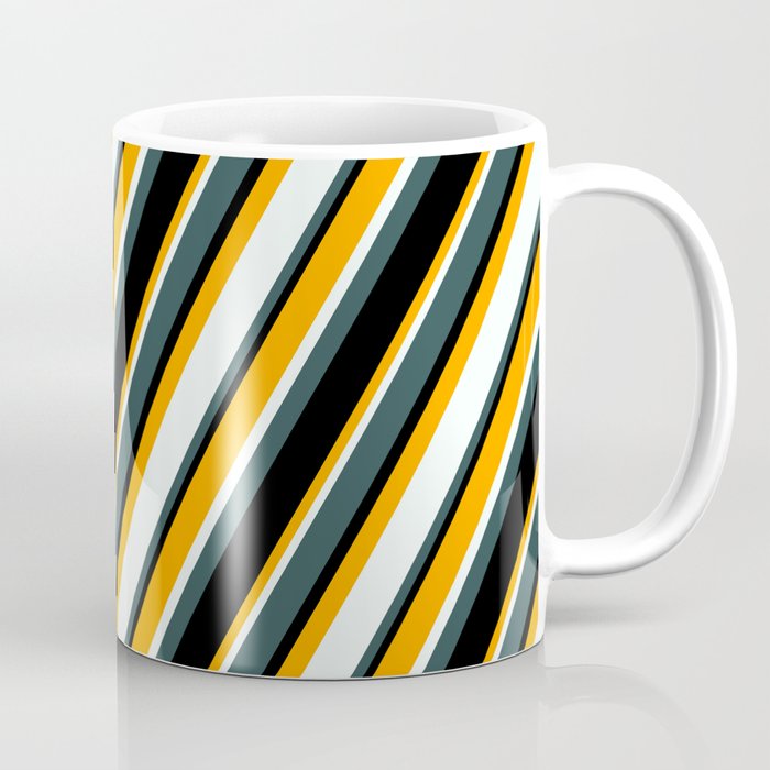 Orange, Mint Cream, Dark Slate Gray, and Black Colored Lined/Striped Pattern Coffee Mug