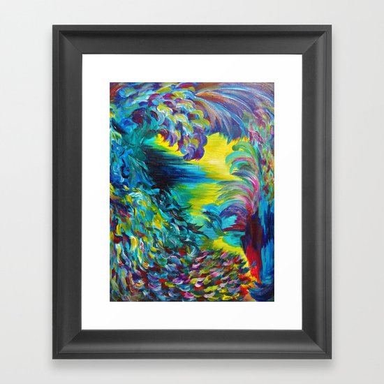 FLIGHT ON TAP - Whimsical Colorful Feathers Fountain Peacock Abstract Acrylic Painting Purple Teal Framed Art Print