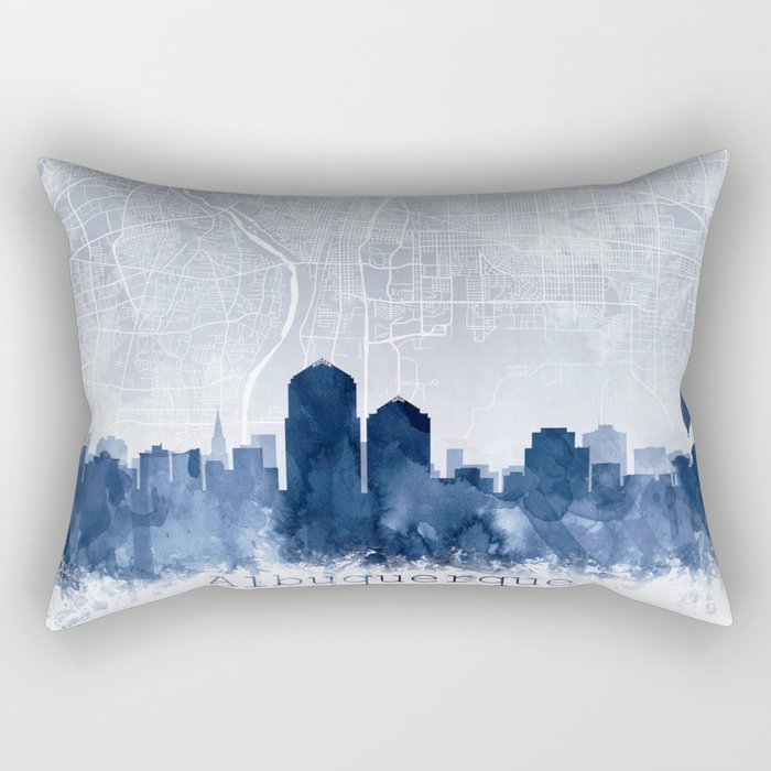 Albuquerque Skyline & Map Watercolor Navy Blue, Print by Zouzounio Art Rectangular Pillow
