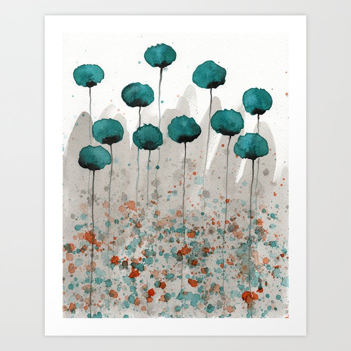 Teal and Gray Poppies Art Print