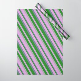 [ Thumbnail: Forest Green, Dark Gray, Plum, and Slate Gray Colored Stripes/Lines Pattern Wrapping Paper ]